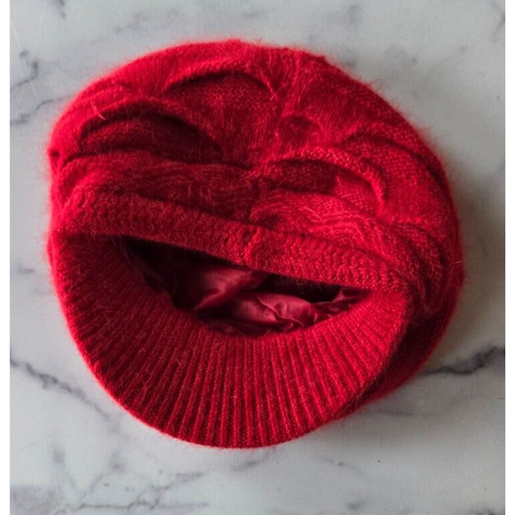 Red Beret Hat Rabbit Hair Cable Knit Newsboy Cap Retro Vintage 90s Y2K Funk - Picture 3 of 8